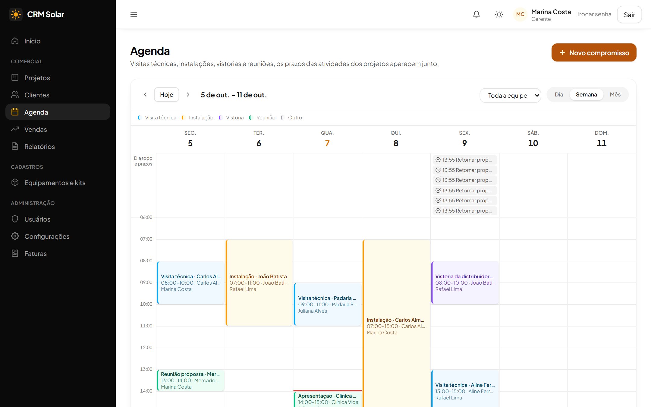 Agenda semanal com visitas técnicas e instalações